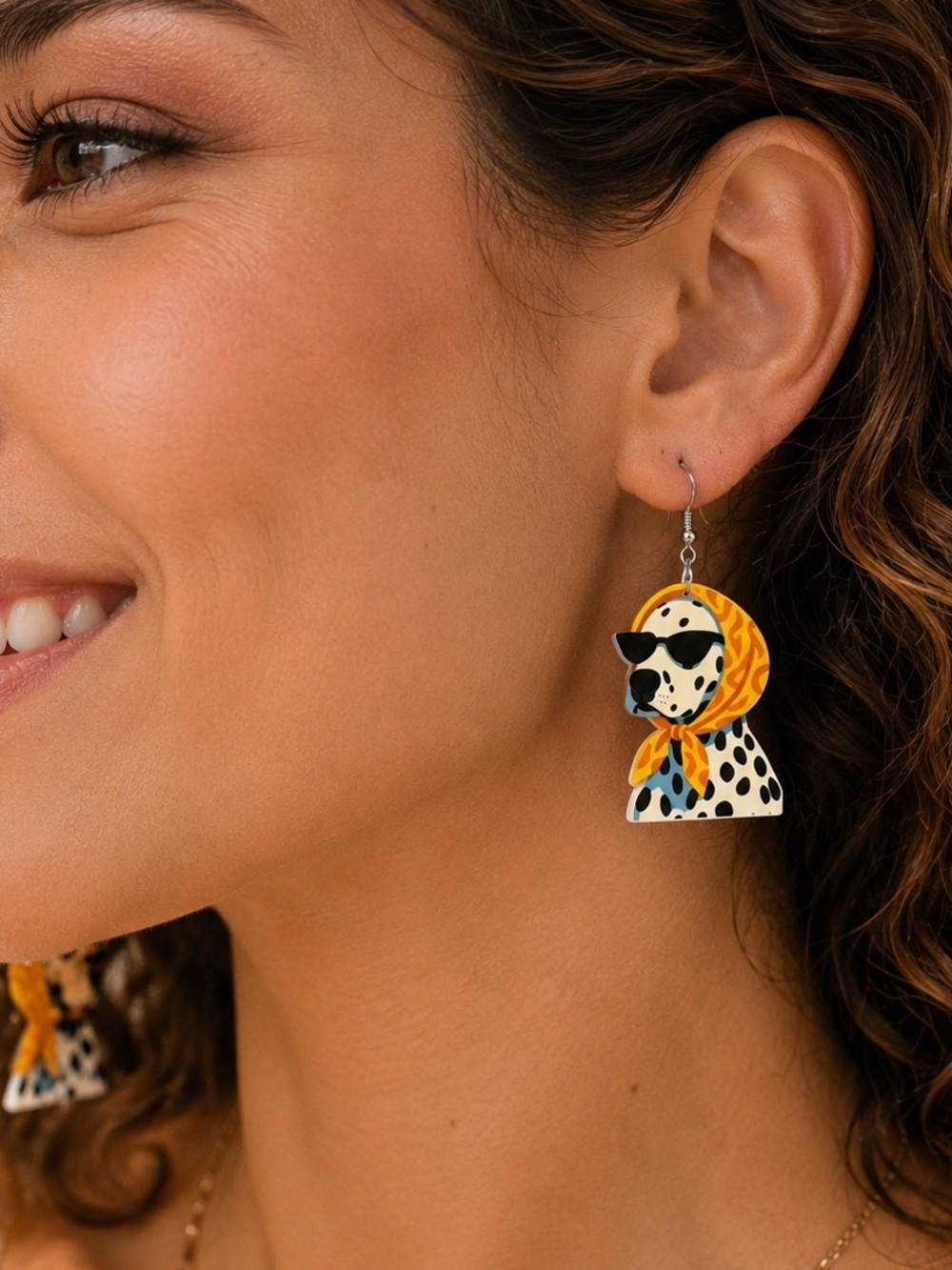 Anthropologie Dalmatian Earrings with Yellow Headscarf and Black Sunglasses